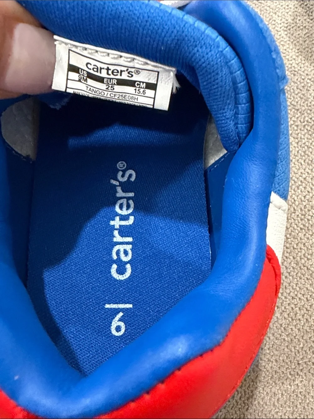 Carter’s Royal Blue Sneakers with White Stripes & Red Pull Tab – Size 9